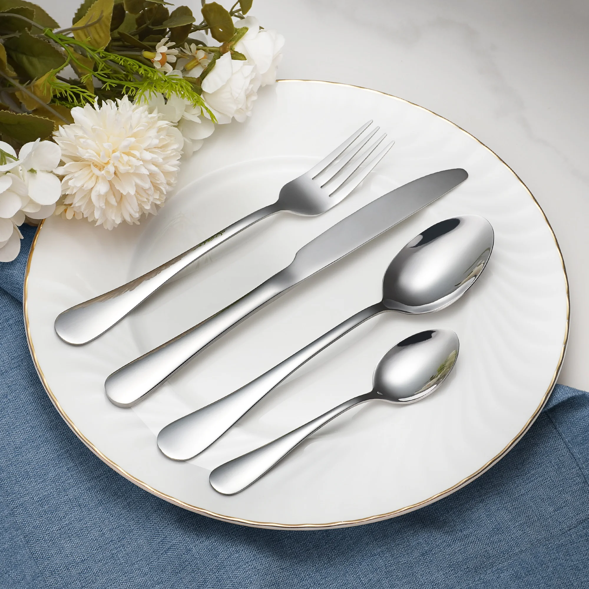 16/24 PCS Hot Sale Silver Knife Fork Spoon Metal Silverware Stainless Steel Cutlery Mirror Polish Flatware Set For Restaurant