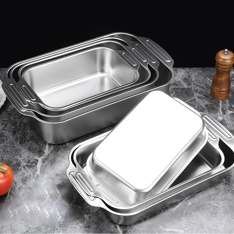 Stainless Steel Baking Frying Pan Deep Food Storage Tray Kitchen Deep Container Tray Cooking Plate Baking Dishes & Roasting Pans