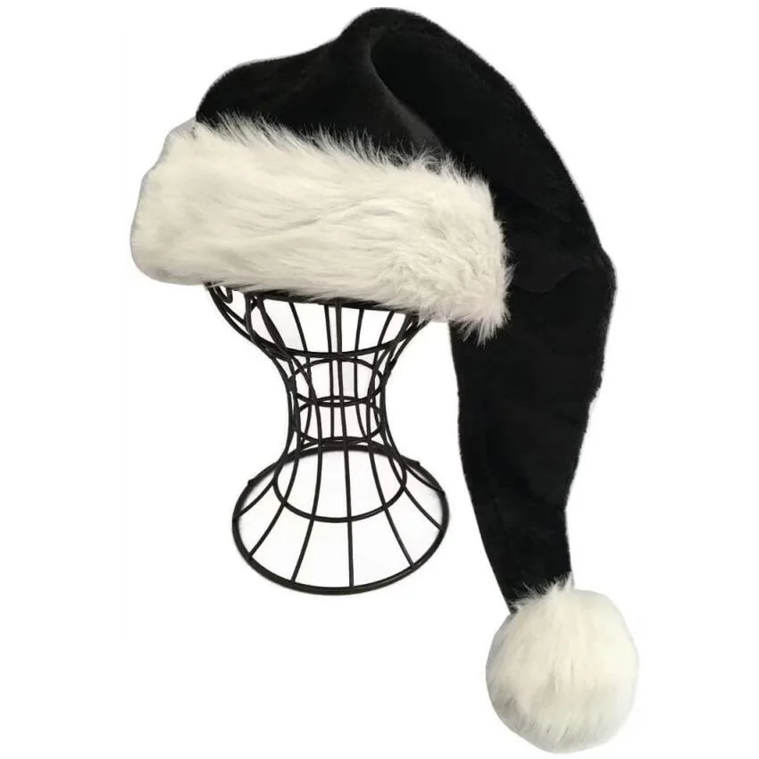 
75cm Adult Black Plush Long Christmas Hat Xmas Costume Pompom Santa Claus Caps Black Christmas Ornaments 