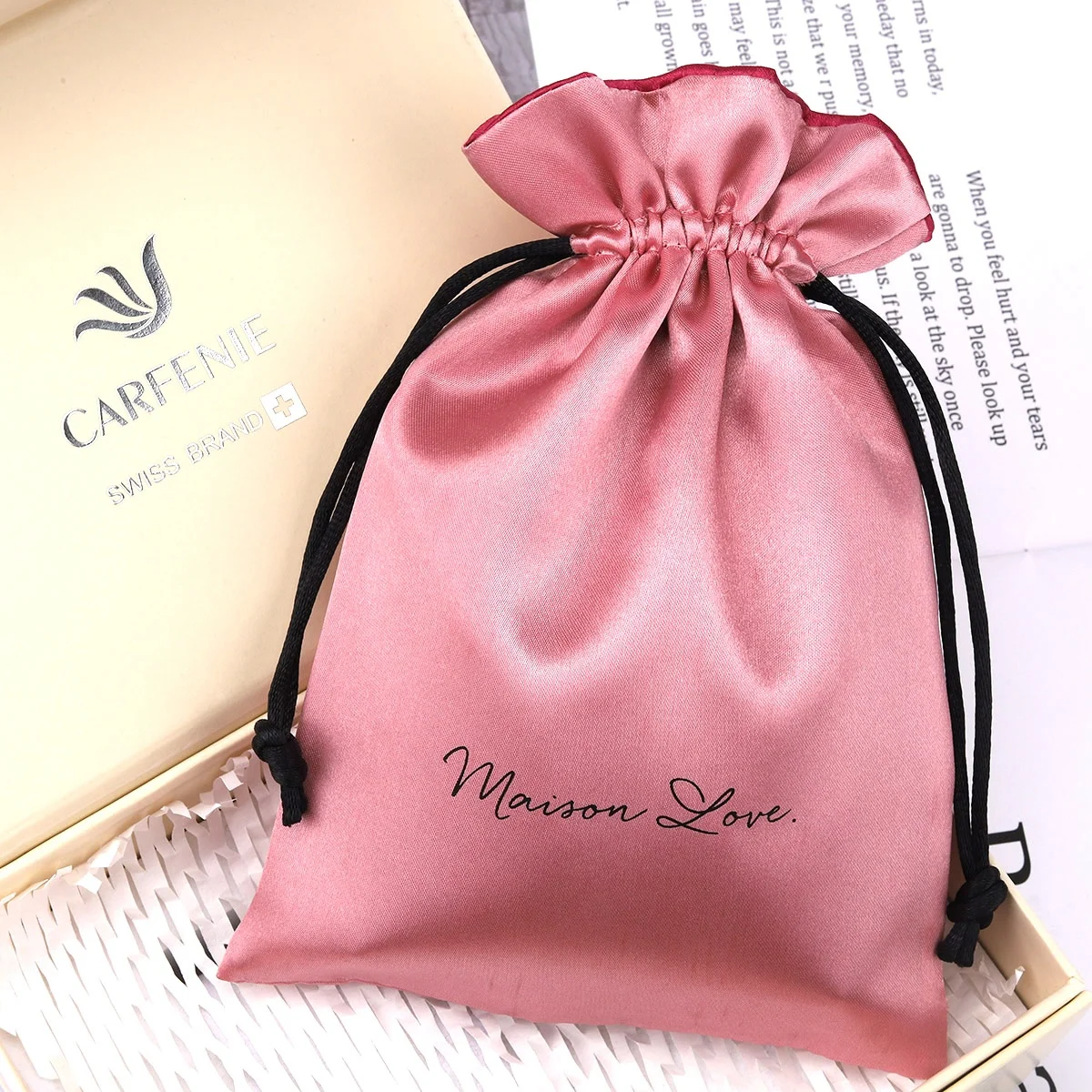 Custom Logo Printed Pink Satin Bag For Perfume Jewelry Packaging Luxury Hair Silk Pouch
