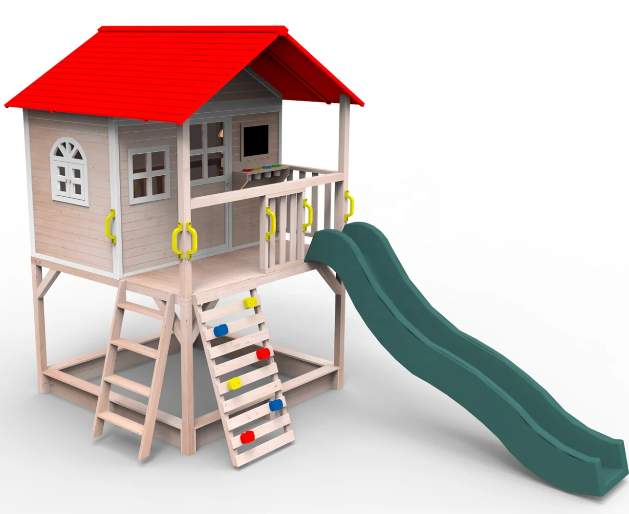 
Double deck wooden playground set kids playhouse with slide and sandbox  (60800687576)