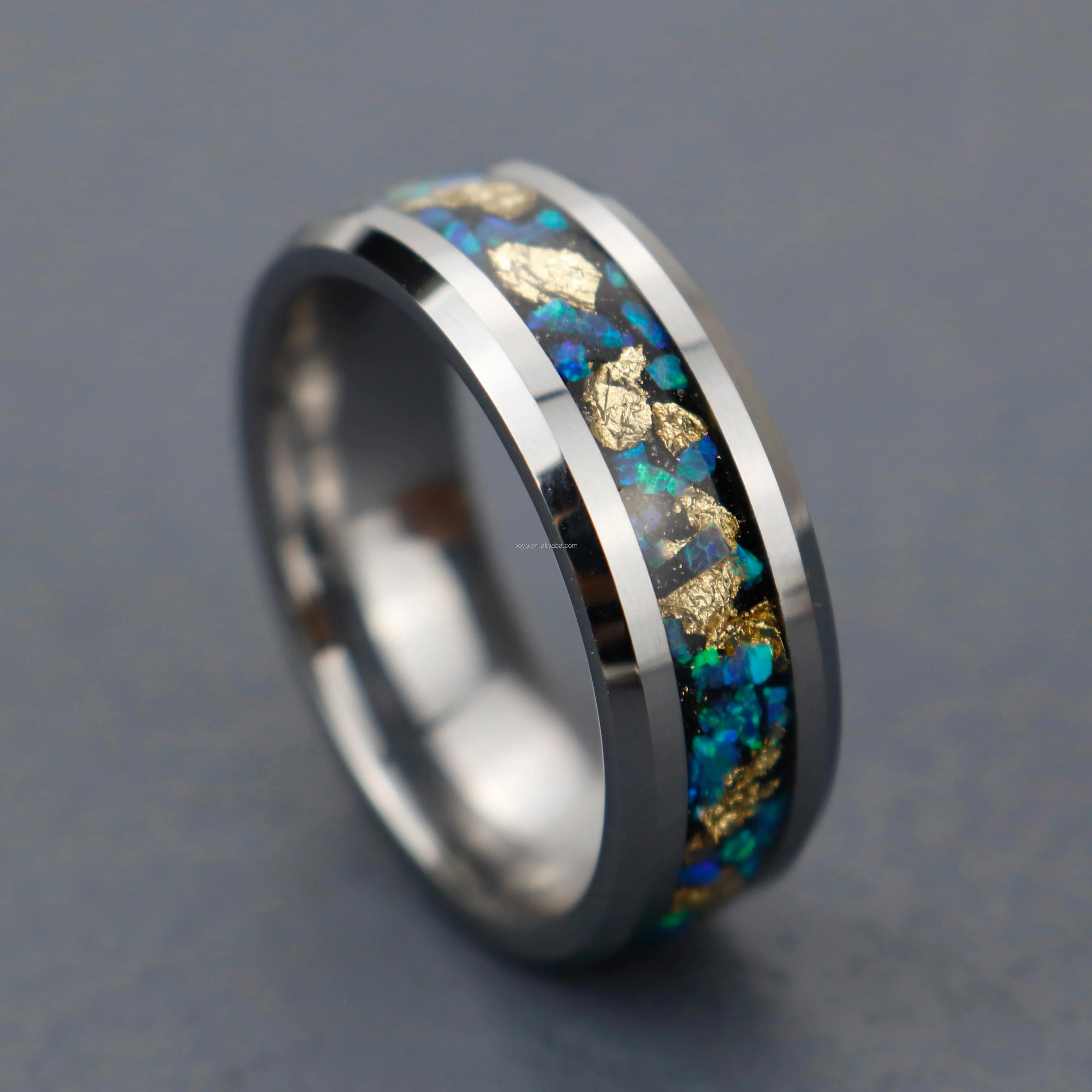 Poya Jewelry Fashion Polished Gold Leaf Blue Opal Sand Stone Men Wedding Ring Inlay Silver Color Tungsten Rings