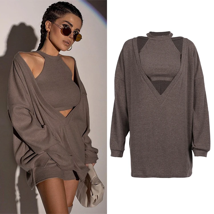 High Quality Gray Halter 2 piece Ribbed Fall Outfits Loose Brown Fleece Hoodies Long Sleeve Tops For Women 2023