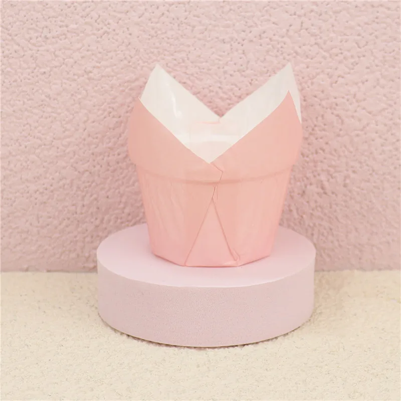 Wholesale tulip pink gradation newspaper muffin cake paper cups Heat resistant oil resistant lace coated muffin paper holder