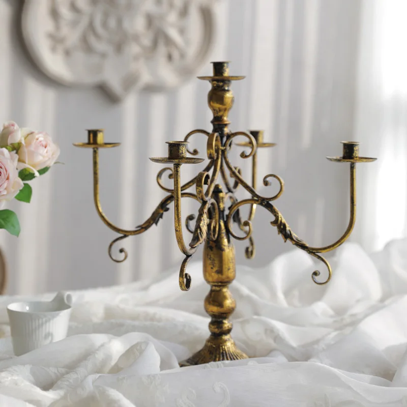 Antique Nordic Style Iron 5 Arm Candelabra Wedding Table Centerpieces Gold Metal Multiple Iron Candle Holder