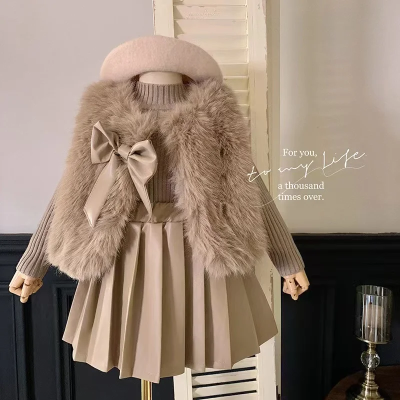 Yiwu  Ruidian New Autumn And Winter Series Casual Korean Girls Fashion Plush Vest Sweater PU Pleated Skirt Three-Piece