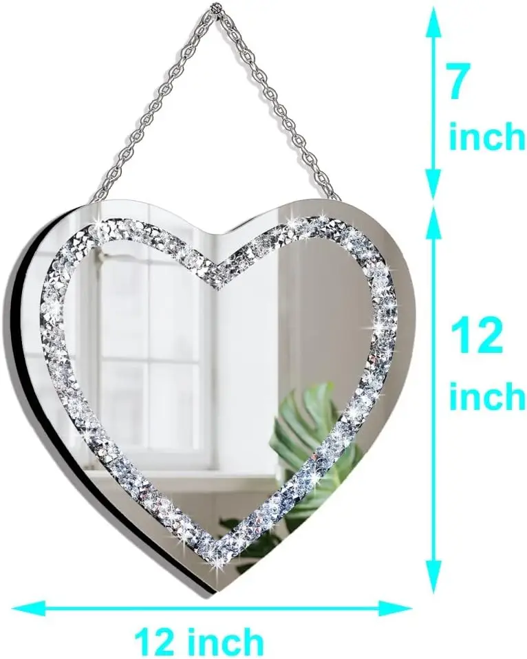 Crystal Crush Heart Shaped Silver Diamond with Stainless Steel Chain for Wall Decoration Mirror and room mirror designer mirror
