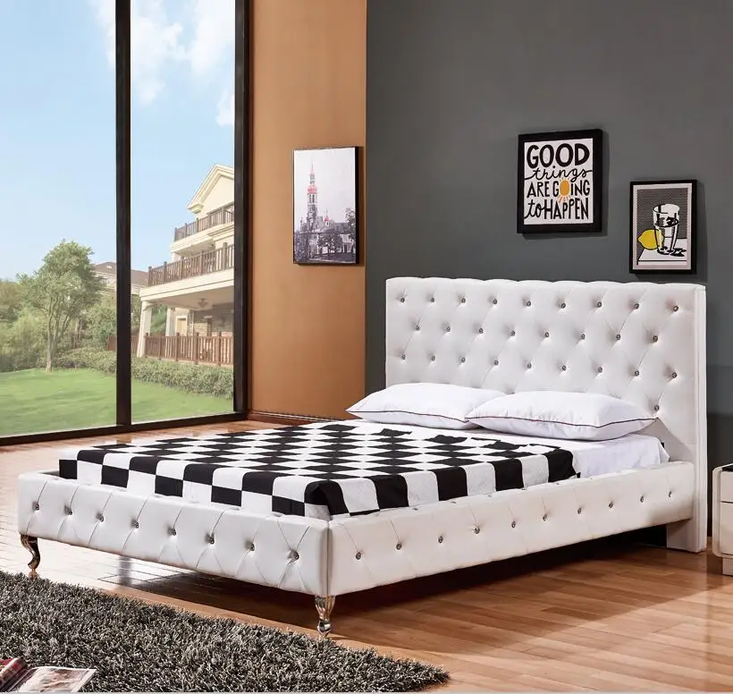 Leather bed with diamond, white color popular design pu bed, king size