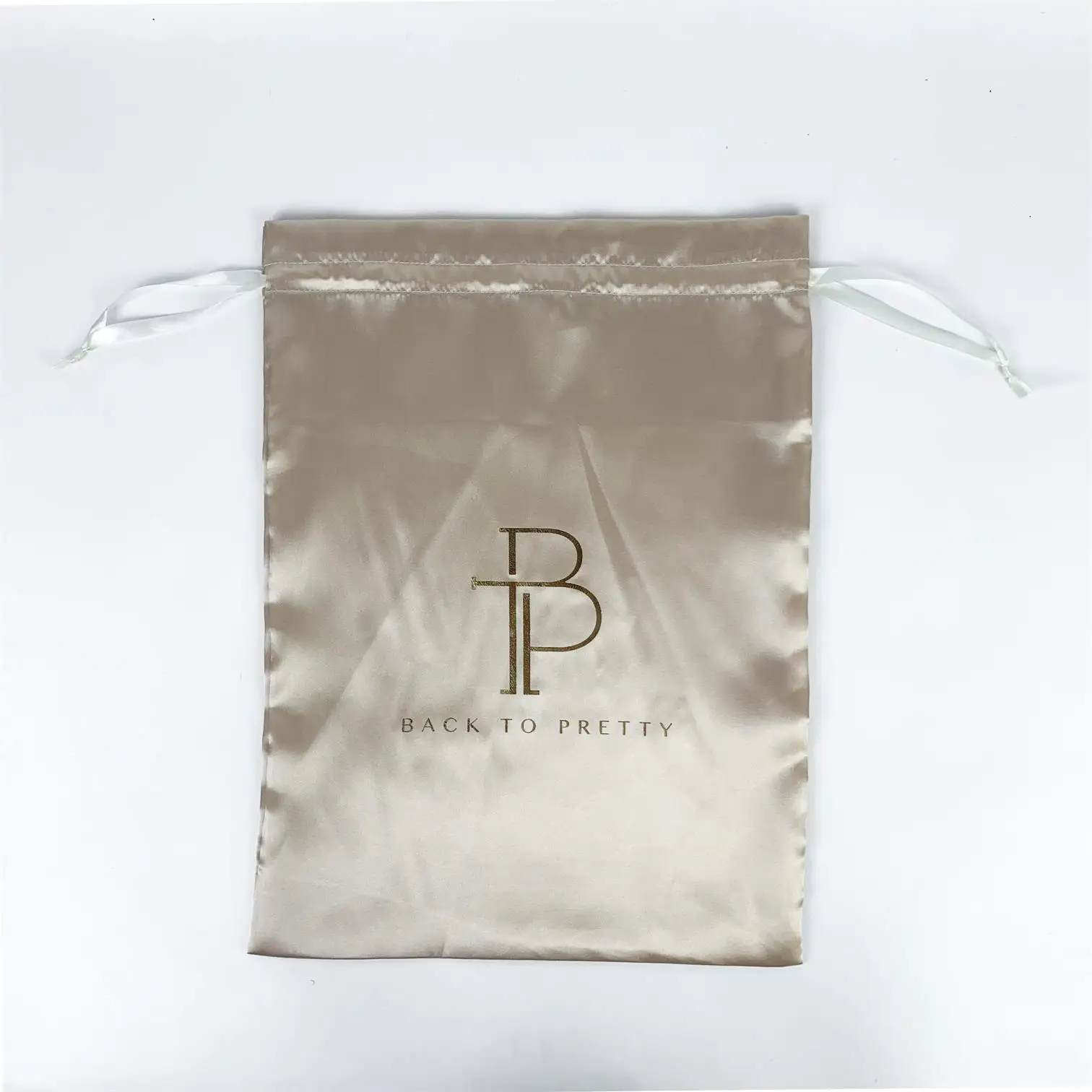 China Manufacturer High Quality Small Gold Printing White Ribbon Hair Wholesale Logo Custom Satin Drawstring Bag