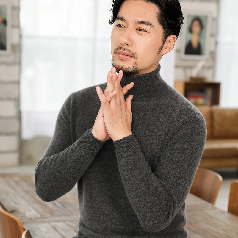 
OEM Men High Collar Pullover Long Sleeve Knitwear Pure Color Sweater 