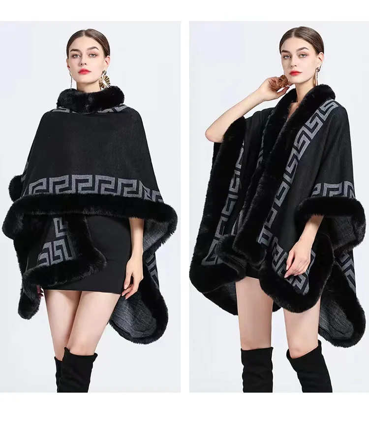 2024 New Design Winter Women Jacquard Wraps Stole knitted Oversized Faux Fur Collar Poncho Cape Shawl