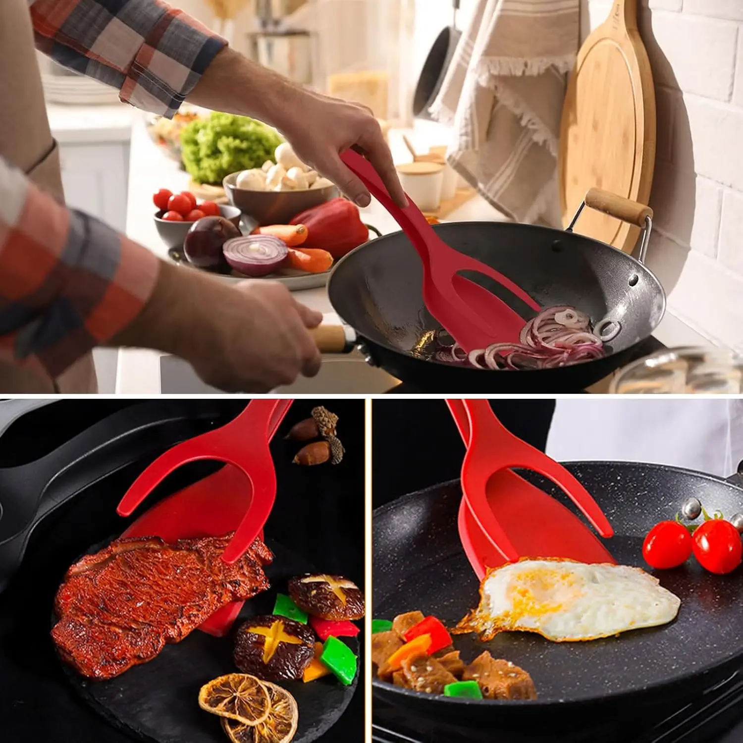 2 in 1 Grip and Flip Spatula Tong Multi-purpose Use Non-Stick Kitchen Egg Flipper Spatula for Bread Fish Pancake Toast