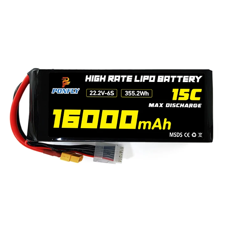 PONFLY High Capacity Battery Fpv Drone Battery 22.2V 6S 16000mAh 15C 30C Lipo Battery for Car Helicopter Quadcopter Manufacturer