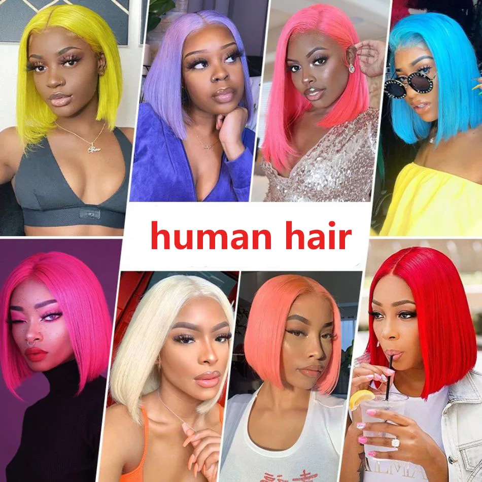 Cheap Pink Colored Short Bob Wigs Human Hair Lace Front Brazilian Virgin Lace Front Wigs For Black Women Hd Lace Frontal Wigs