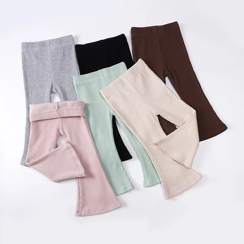 1-11 years kids girls cotton pants wholesale children trousers custom autumn solid ribbed fashion kids girls flare pants