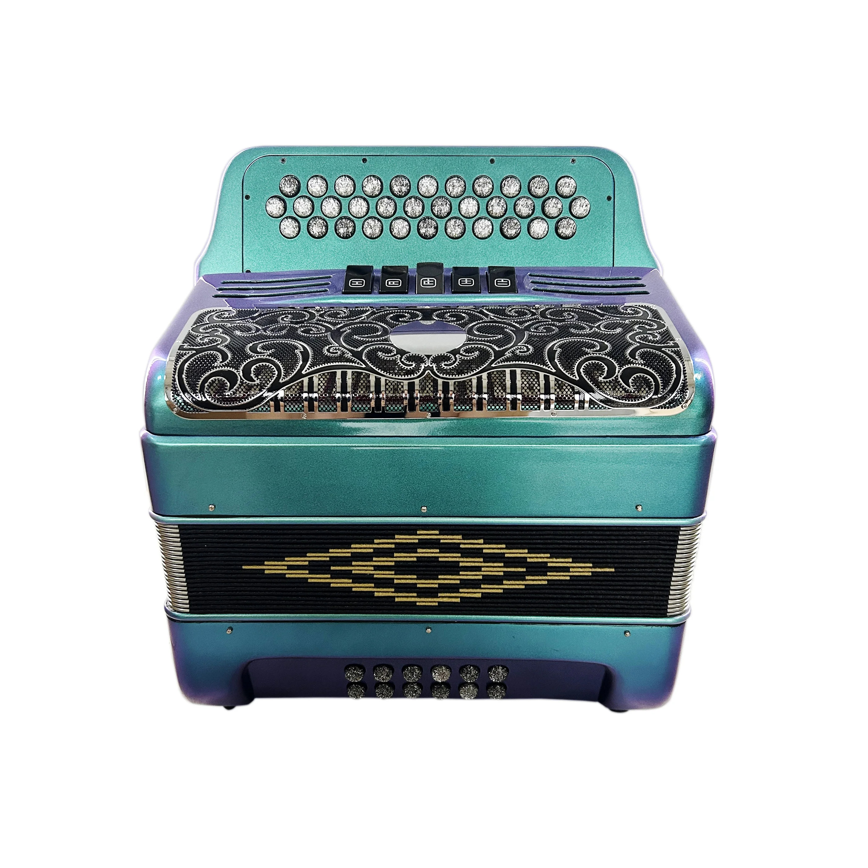 SEASOUND 34 Button 12 Bass 5 Registers Green Chameleon Accordion Black Silver Grill Acrodeon Silver Button JB3412D
