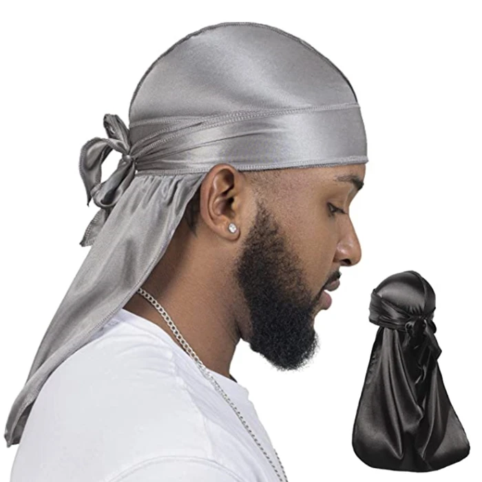 Long tail custom logo silky duragesic designer customized colored fashion african print silk satin bandana durag cap for men