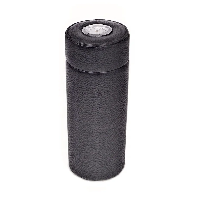 Portable Black Travel Leather Humidor Cigar Tube with Cedar Wood Interior Includes Hygrometer & Long Humidifier