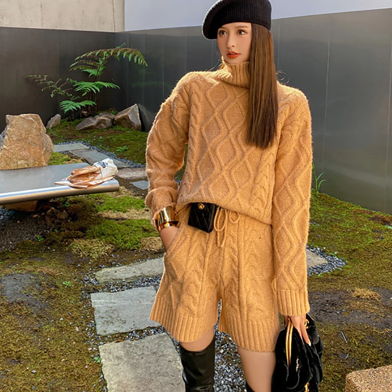 High quality Fashion Knitted 100%wool Casual Arctic Velvet Two-piece Female Knit Pants 2pc Women Sweater Set