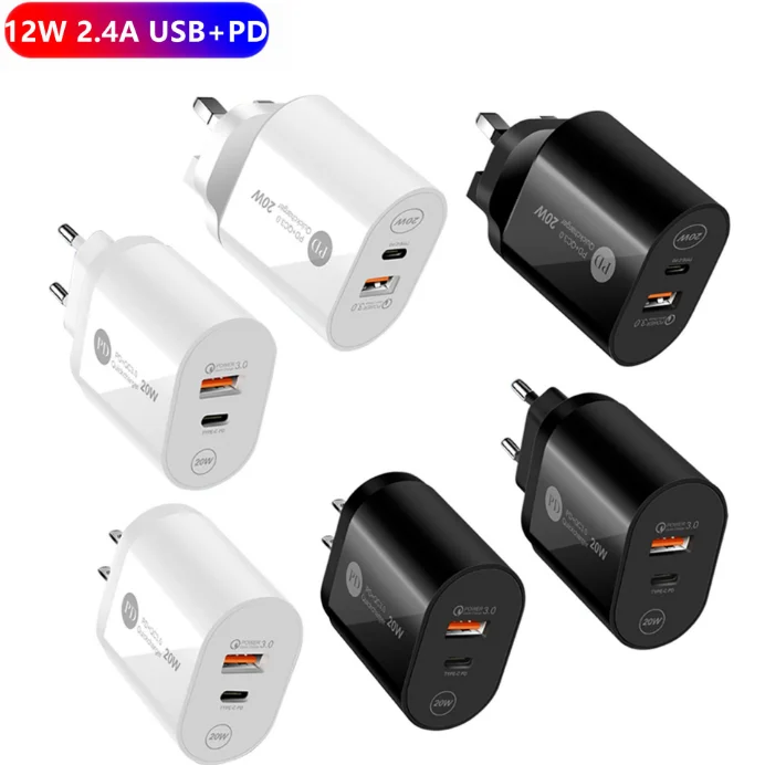 12W 5V 2.4A Dual Port USB C Type C PD Wall Charger Smart and Portable Travel Quick Fast Charger for Cellphone Power Adapter