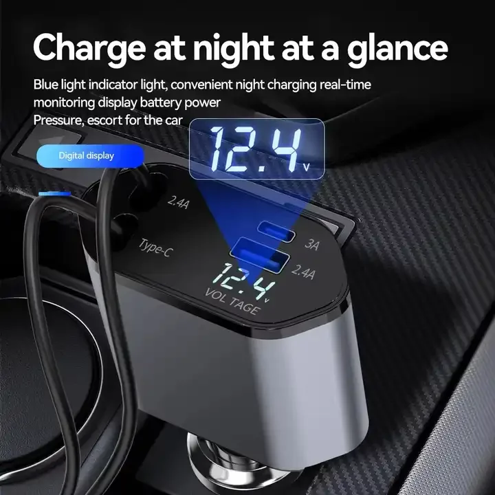 Fast Phone Charger cell phone with 2 Ports 2 USB Cable for Type C and iPhone, 4 in 1 Retractable Super Fast Charging Car Charger