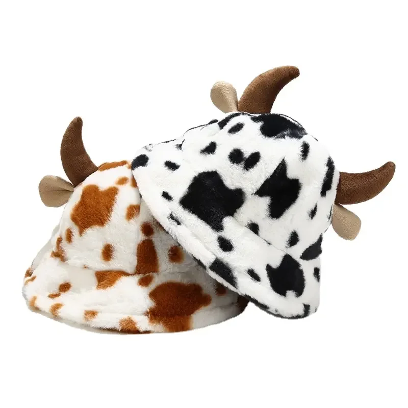Fashion Animal Horn Cute Women Girls Winter Cow pattern print fishman hat Plush Fuzzy Cow Fluffy Bucket Hat Fur