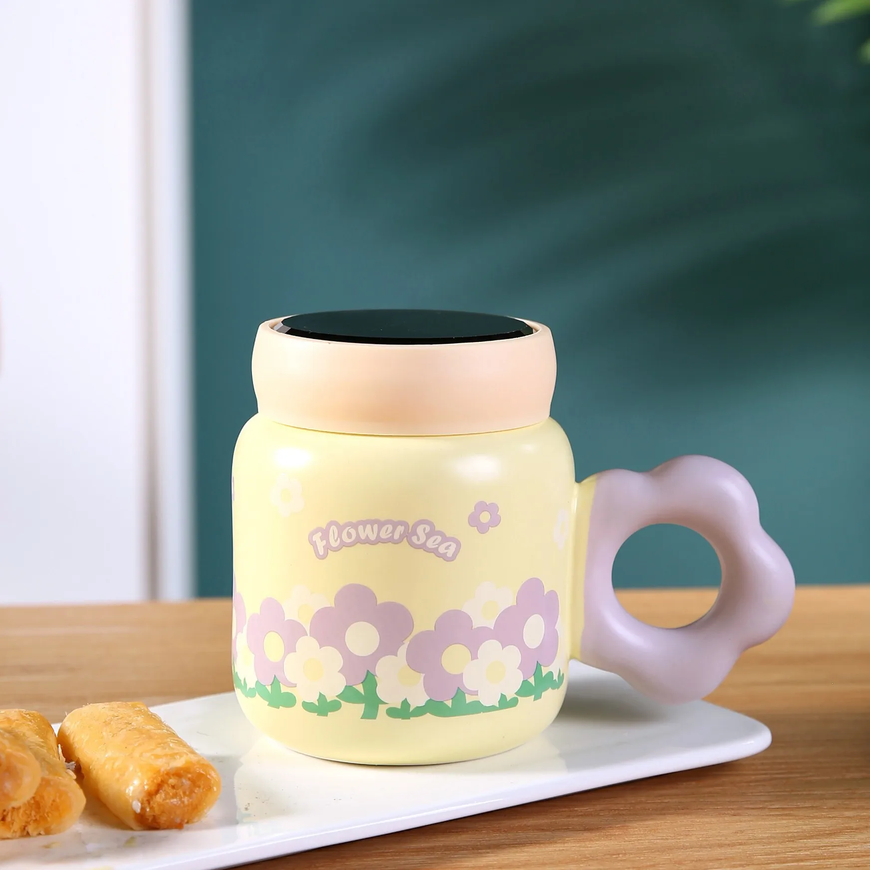 INS tulip fresh water cup girl student with lid office mug household ceramic water cup customized