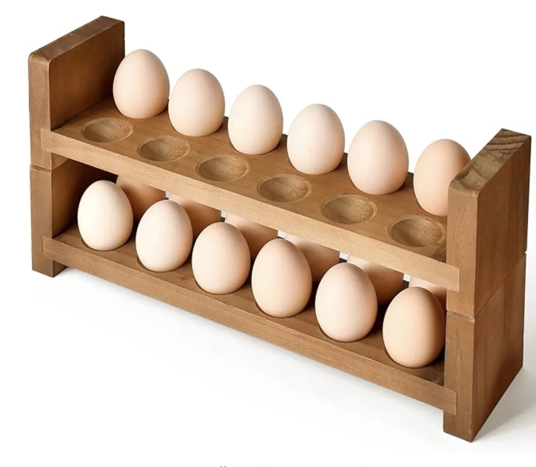 Double Layer Egg Tray Holder Countertop - Wooden Fresh Egg Rack Stackable Storage Basket