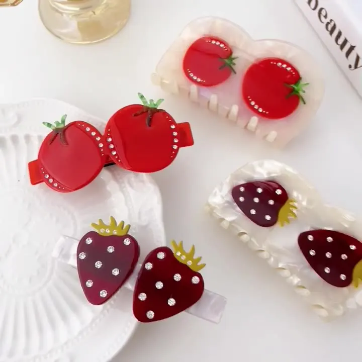 Strawberry tomato crystal diamond barrette hair clamps claws clip acetic acid fruit girl hair clips claw custom