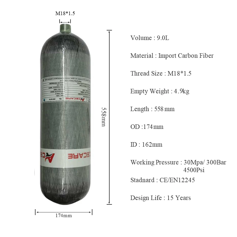 Acecare 9L CE High Pressure 300Bar 4500psi Carbon Fiber Gas Cylinder for Paintball/SCUBA/SCBA/EEBD/Breathing Oxygen Cylinder