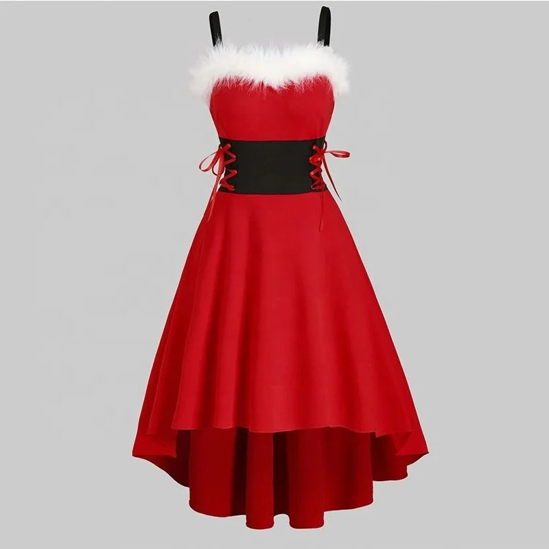 Hot Style Autumn Off-The-Shoulder Red Christmas Festive Waisted Bow Suspender Dress Women