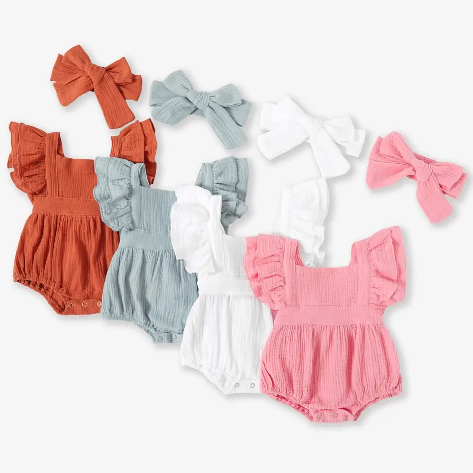 Crepe Solid Sleeveless Ubrania Dla Dzieci 100% Cotton Barboteuses Bb 3-6 Mois Peleles De Algodon Organico Baby Clothes Rompers