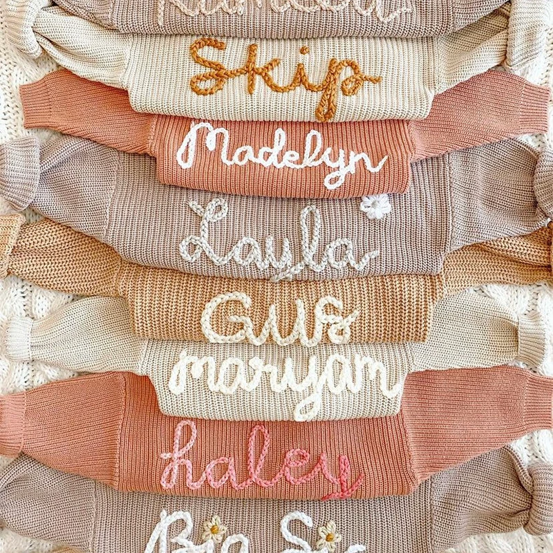 Customize Kids Unisex Hand Embroidery Name Sweaters Flower Fall Winter Children Pullover Sweater Tops