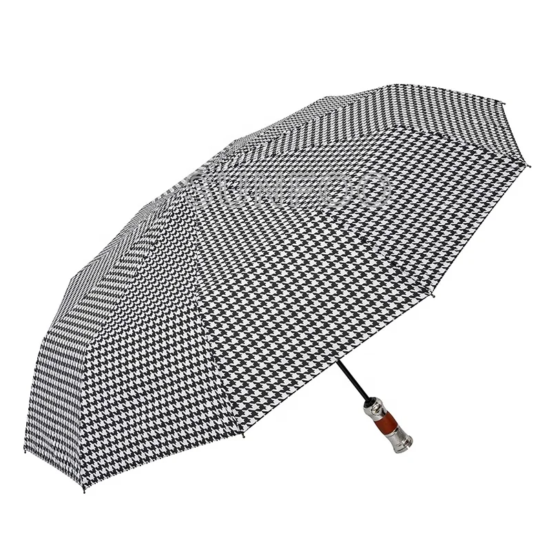 Super Fashion Houndstooth Design Compact Travel Rain Auto 3 Fold Umbrella