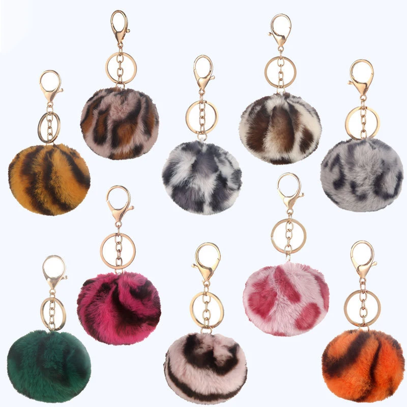 8cm mixed color leopard print gold metal chain diy bag pendant furry ball