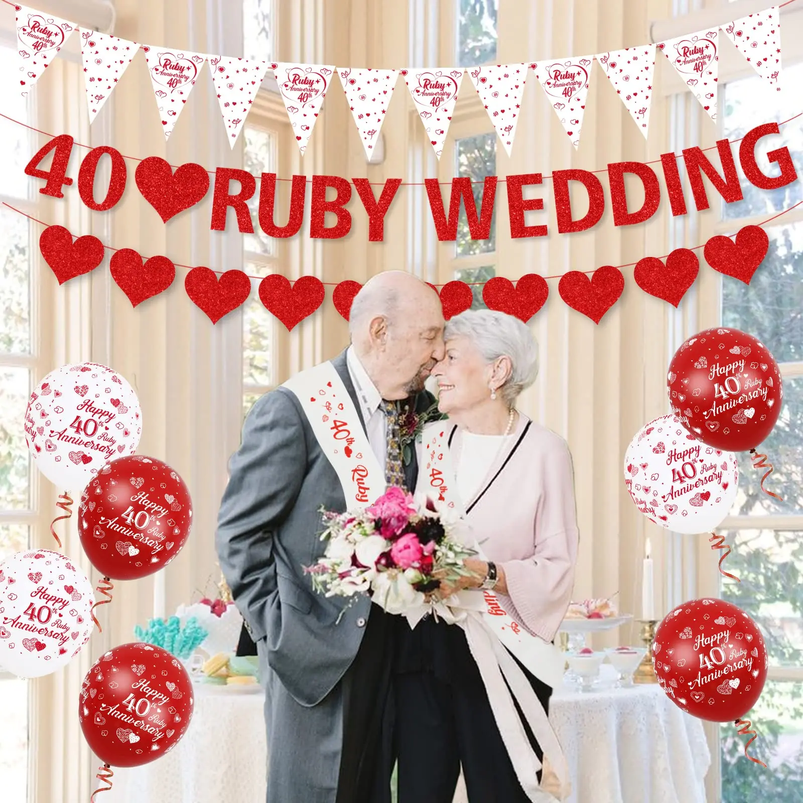 Ruby 40th Anniversary Balloons Bunting Red Heart Rings Cake Topper Satin Sash for 40th Couple Anniversary Party Supplies