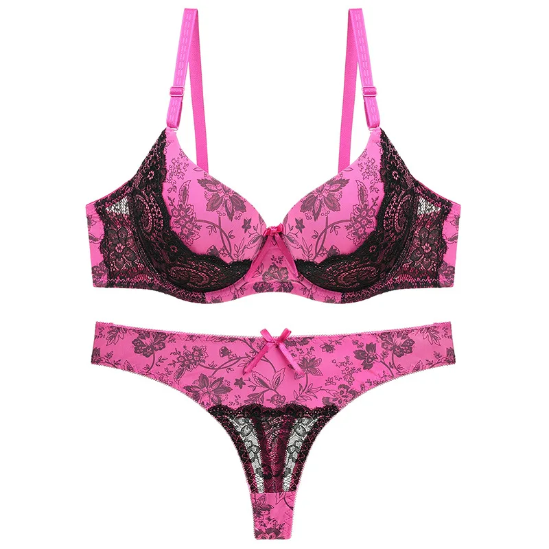 
Factory Direct Sales Womens Sexy Mature Floral Printed Gathered Lace Bra And Panties Sets 