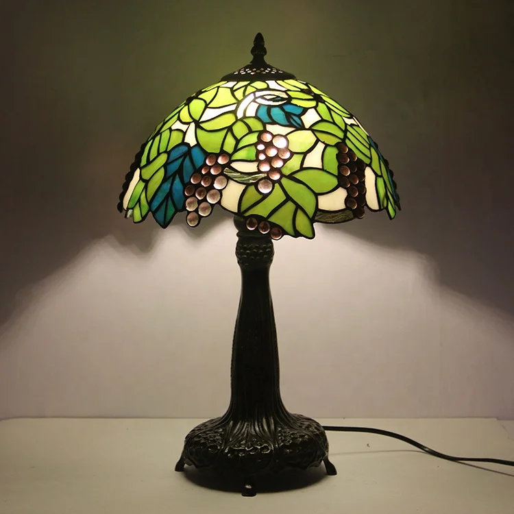 LongHuiJing 12Inch Grape Pattern Stained Glass Lampshade Desk Light European Handcrafted Glass Lamps With Zinc Alloy Base