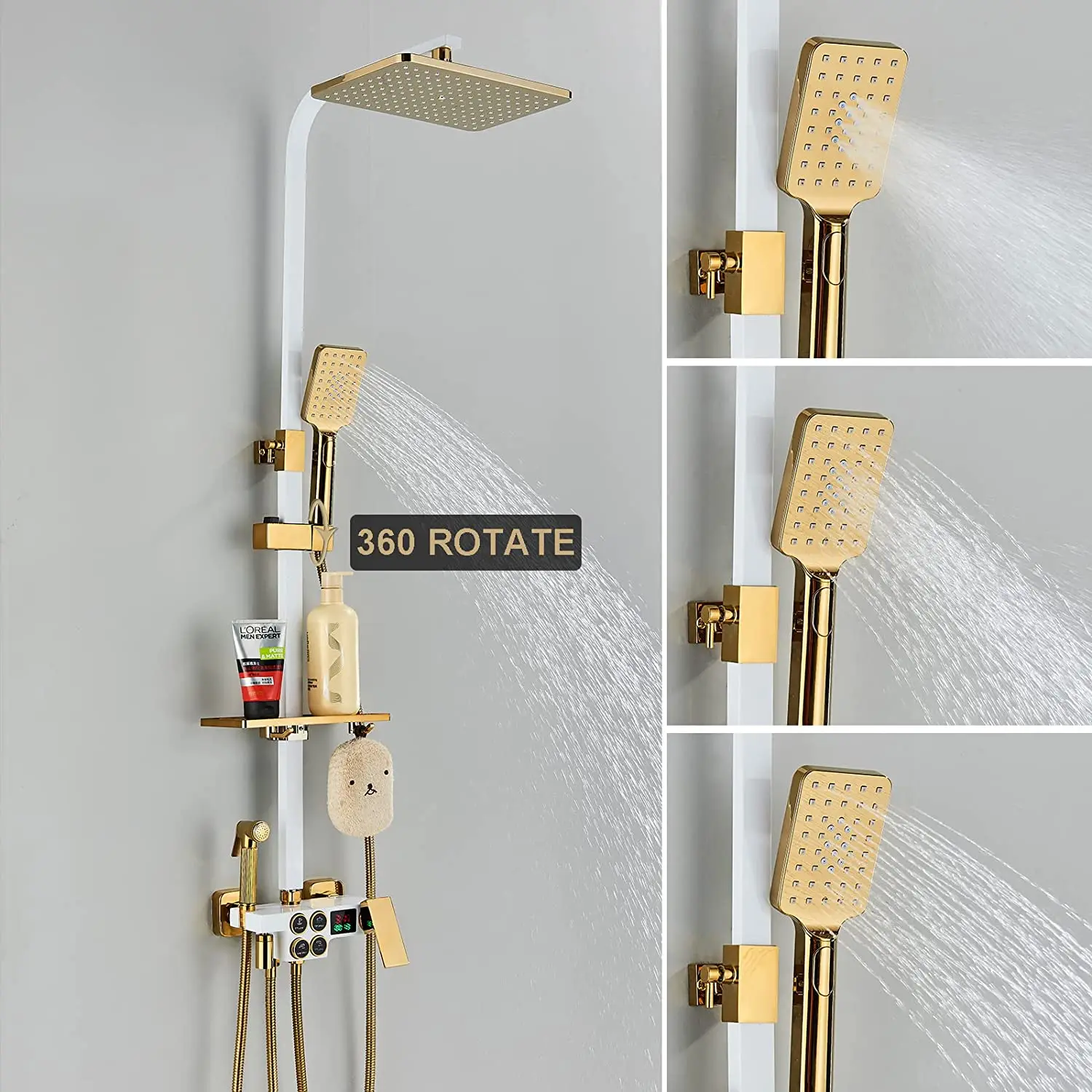 Luxury Square Bathroom Shower Set System White Gold Digital Display Thermostatic 4 Piano Bathtub Mixer Bath Faucet Hot Cold Tap