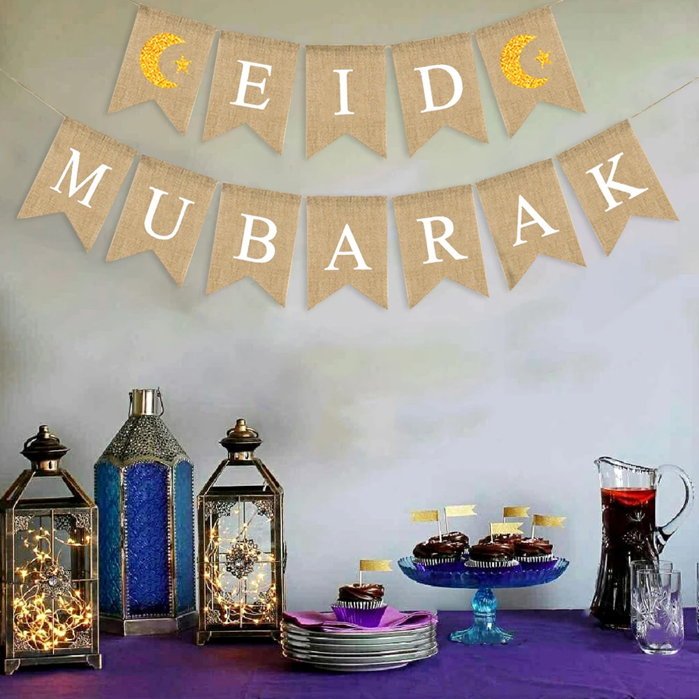 Eid Mubarak Decoration Moon and Star Ramadan Home Mantel Fireplace Decoration Jute Burlap Eid Mubarak Banner