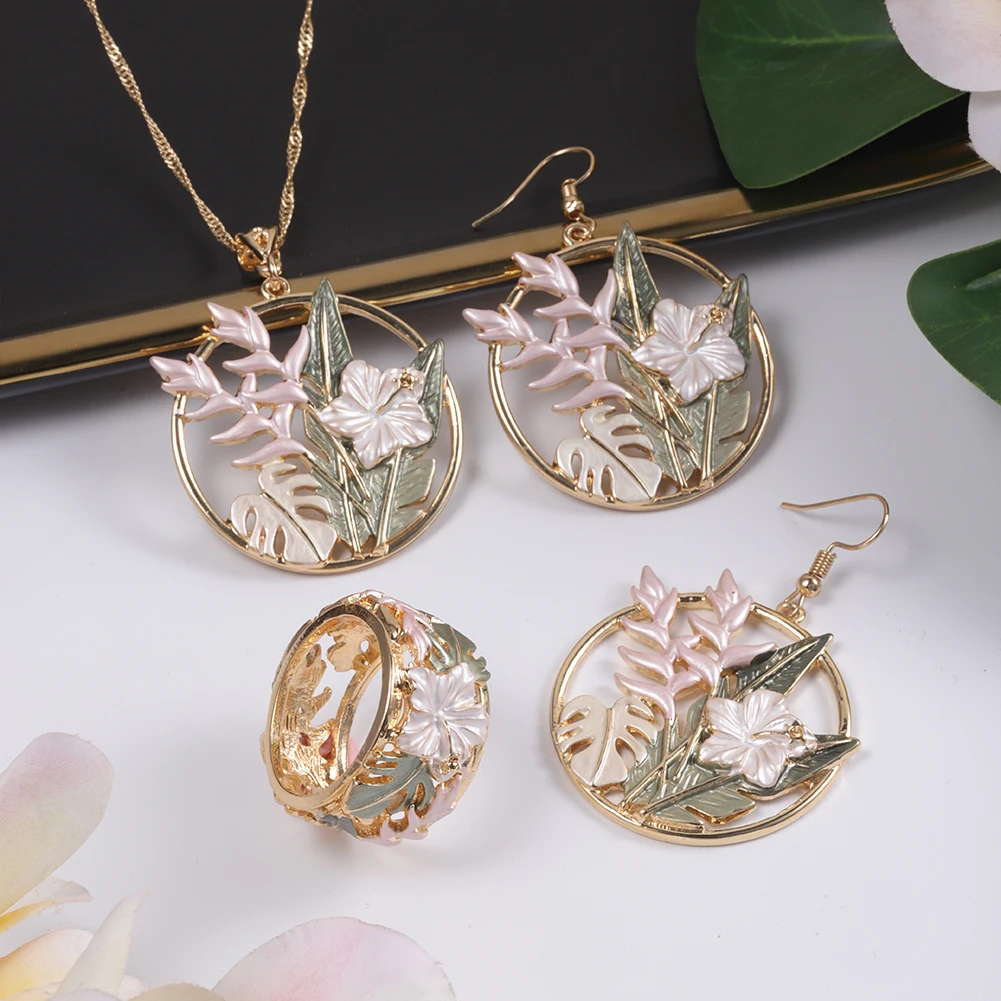 SophiaXuan Hibiscus Pink Enamel  New Samoan Hamilto Earrings Gold Plated Earrings Set Polynesian set wholesale hawaiian jewelry