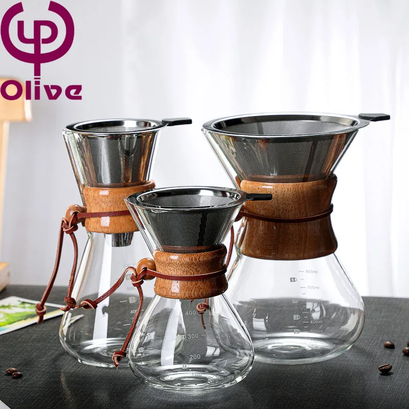 Wooden handle cold brew coffee maker sharing pot drip coffee maker simple flower teapot heat-resistant glass coffee pot