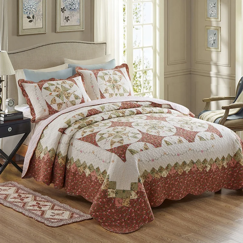 New popular  king size fitted washable cotton patchwork bedspread set