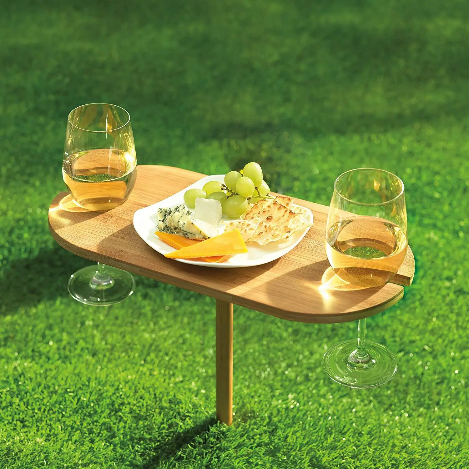Outdoor Entertaining Holds 2 Wine Collapsible Table  Wood Table Wine Glass Holder picnic table with Ground Stake