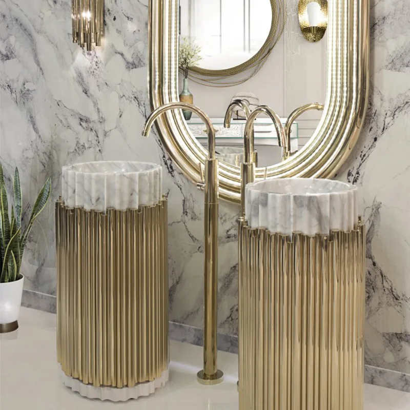Hand made freestanding art decorated stainless steel luxury gold pedestal wash basin marble sink for bathroom