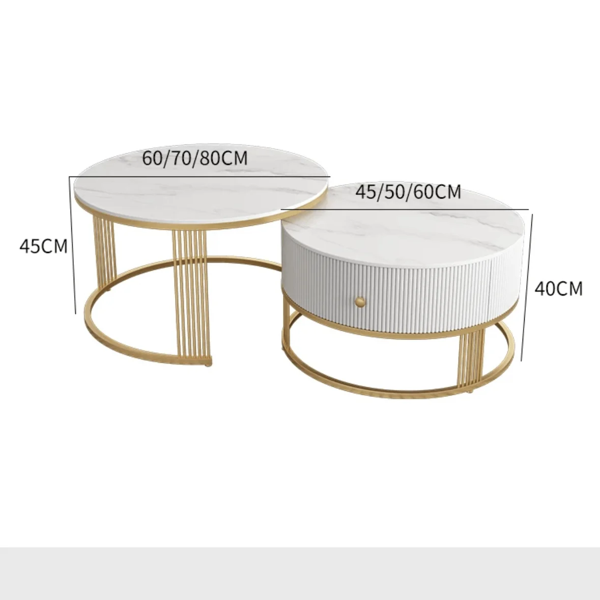 Fashion Design Modern Luxury Metal Frame Coffee Table 2 Piece Nested Marble Round Coffee Table