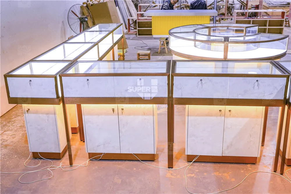 Custom Gold Metal Jewellery Display Showcase Rectangle Glass Jewelry Display Counter Table for Jewelry Shop