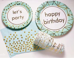 Custom printing disposable birthday wedding party paper plate cup sets shrinkage package