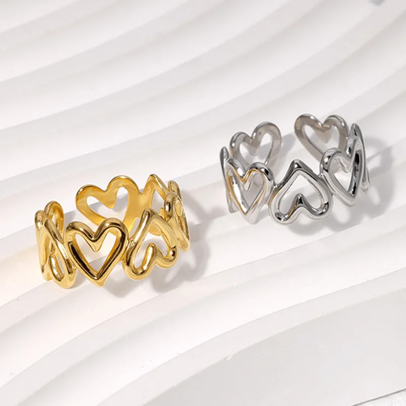 Minimalist 18K Gold Plated Fine Heart Finger Jewellery Stainless Steel Open Ring Set for Women Weddings Engagements Parties