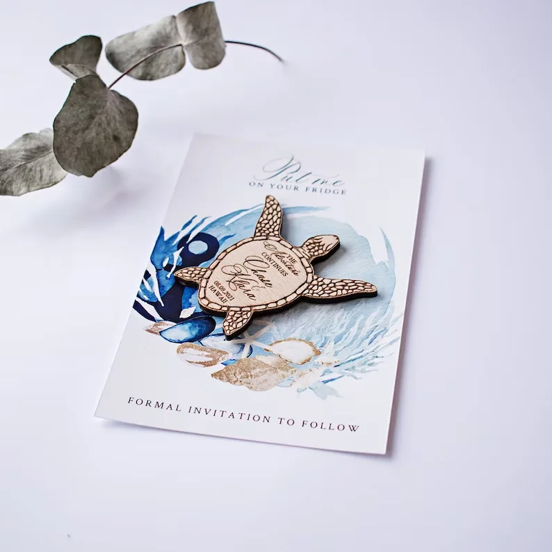 Free custom Wedding magnet save the date cards  laser engraved wooden Turtle summer beach magnets for wedding favor